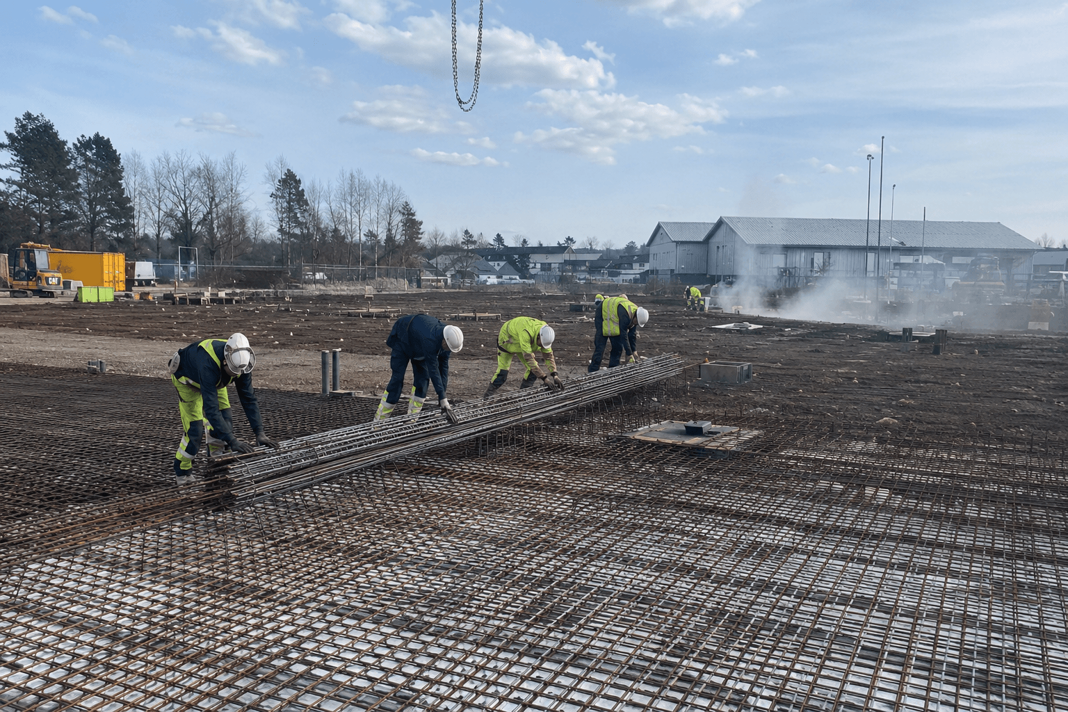Workers installing reinforcement mats on a construction site